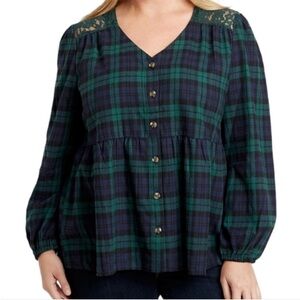 Maurices Navy and Green Plaid Button-Up Blouse